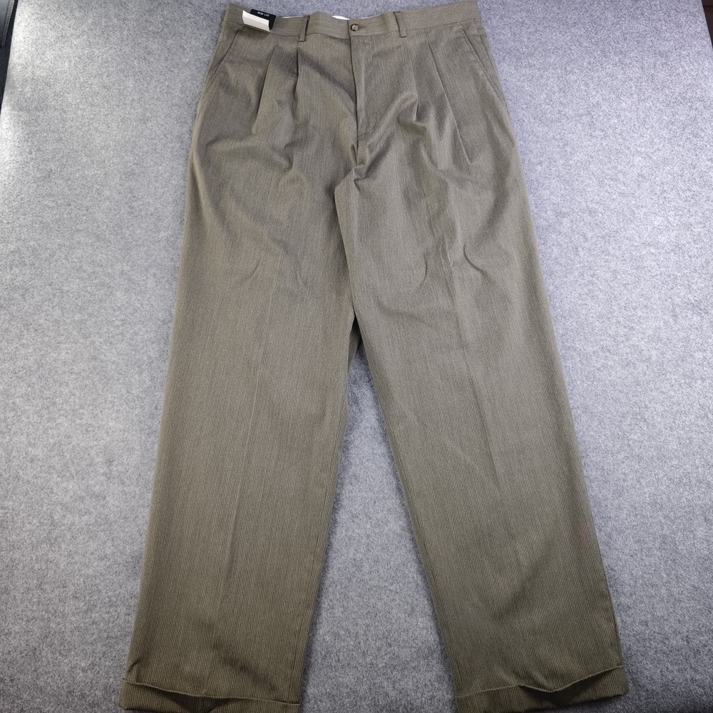 Claiborne Pants Mens 36x32 Olive Pinstripe Pleated Cuffed NWT Stretch Trouser